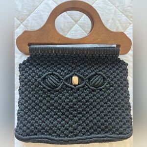 Vintage Marissa Ferrere New York Purse black crochet with wood accent & handle